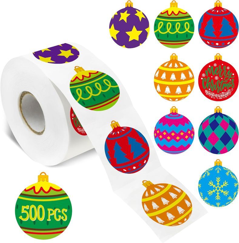 Photo 1 of 500 PCS Christmas Ball Stickers, 8 Vibrant Designs Stickers Merry Christmas Winter Decoration for Xmas Display Envelope Seal Christmas Party Supplies Gifts Decors with Perforation line (1.5” Each) - 2pks