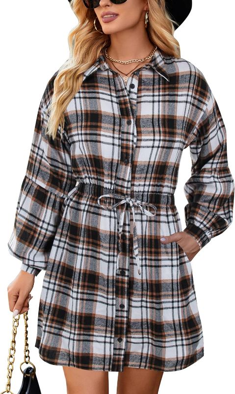 Photo 1 of Blooming Jelly Womens Plaid Dress Flannel Puff Sleeve Dress Button Down Casual Dresses for Women 2023 with Pockets Large