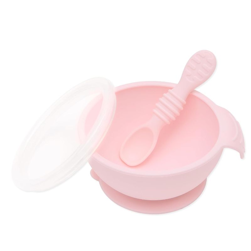 Photo 1 of Bumkins Baby Bowl, Silicone Baby Feeding Set with Suction for Baby and Toddler, Includes Spoon and Lid, First Feeding Set, Essential for Baby Led Weaning for Babies 4 Months, Pink
