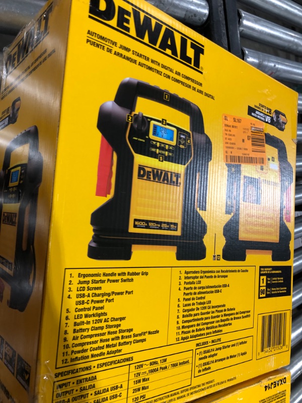 Photo 3 of DEWALT DXAEJ14-Type2 Digital Portable Power Station Jump Starter - 1600 Peak Amps with 120 PSI Compressor, AC Charging Cube, 15W USB-A and 25W USB-C Power for Electronic Devices 1600 Amps