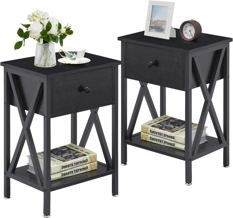 Photo 1 of  VECELO Nightstands Set of 2, Modern Bedside End Tables, Night Stands with Drawer and Storage Shelf for Living Room Bedroom, Industrial Metal Frame, Black 