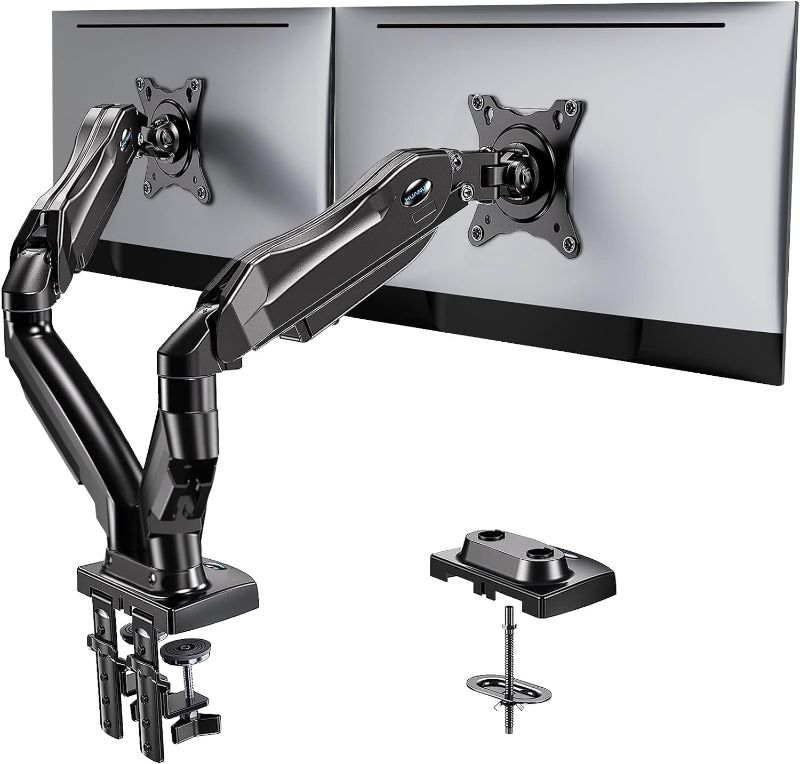 Photo 1 of HUANUO Dual Monitor Stand - Adjustable Spring Monitor Desk Mount Swivel Vesa Bracket with C Clamp, Grommet Mounting Base for 13 to 27 Inch Computer Screens - Each Arm Holds 4.4 to 14.3lbs 