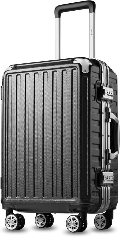 Photo 1 of  LUGGEX Carry On Luggage with Aluminum Frame, Polycarbonate Zipperless Luggage with Wheels, Black Hard Shell Suitcase 4 Metal Corner 