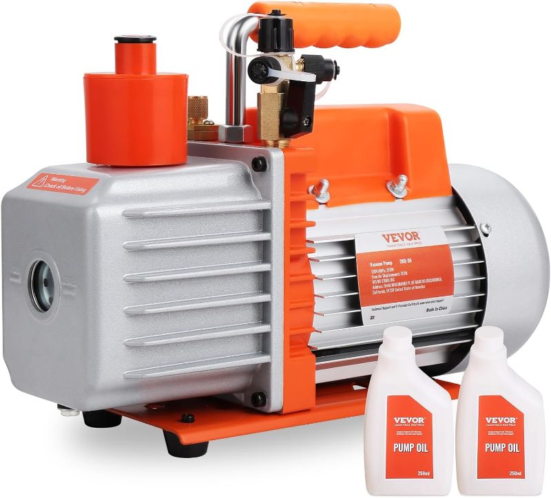 Photo 1 of  VEVOR 7 CFM Dual Stage HVAC Vacuum Pump, 1/2 HP Rotary Vane Vacuum Pump with Oil Bottle, for HVAC Repair, Refrigeration Maintenance, Resin Degassing, Compatible with R12, R22, R134a, R410a Refrigerant 