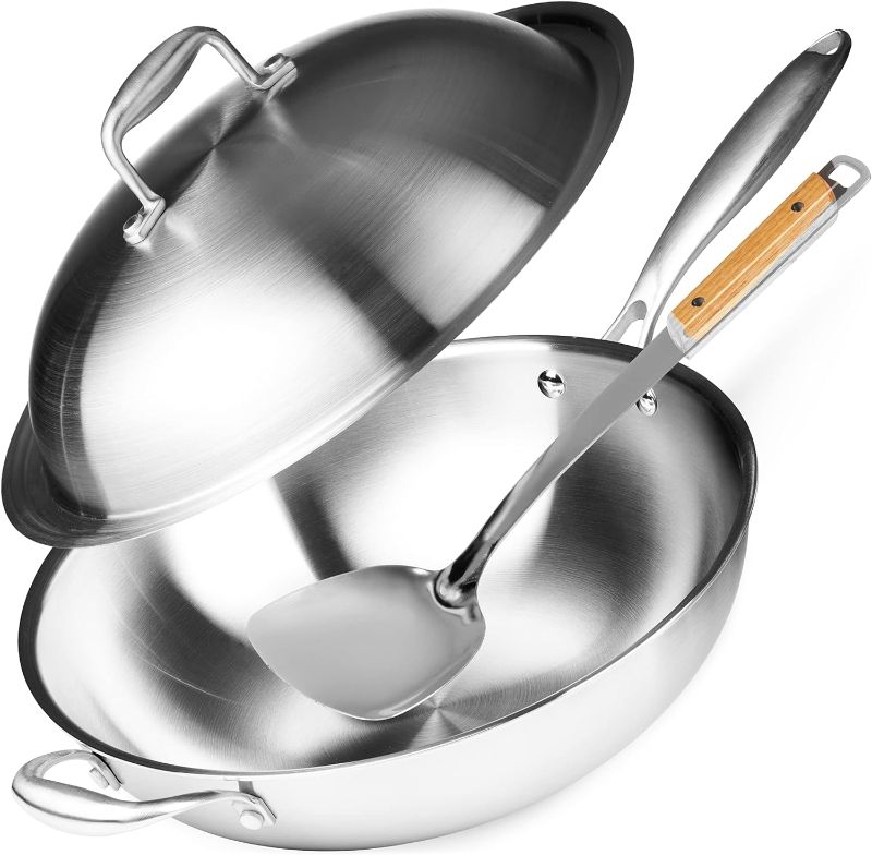 Photo 1 of  Willow & Everett Wok Pan - Non-Stick Stainless Steel Stir Fry Pans With Domed Lid & Spatula - Scratch Proof Cookware For Gas, Induction Or Electric Stove 
