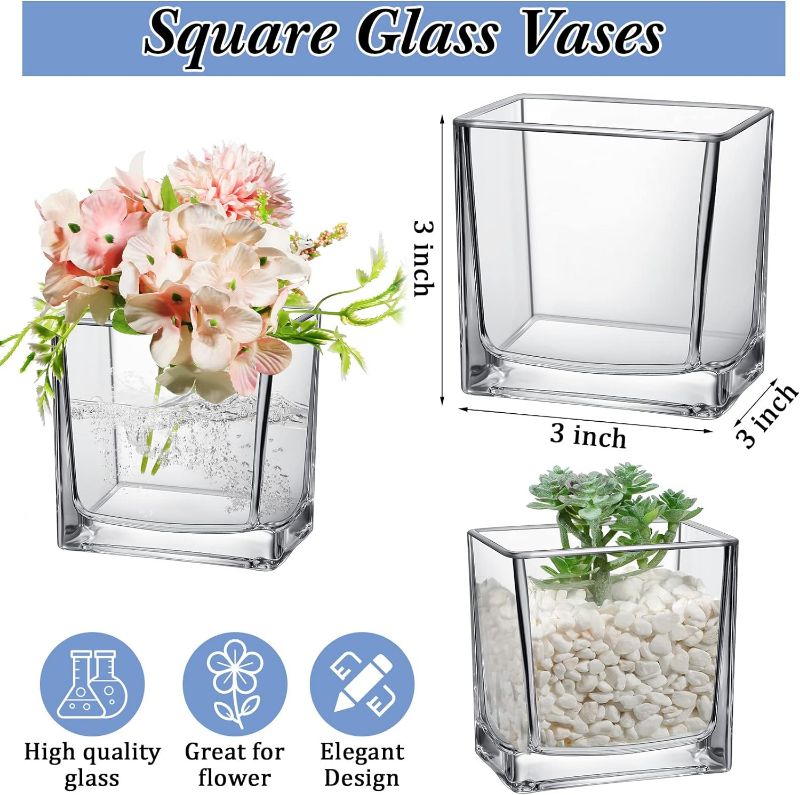 Photo 1 of 4 Pieces Clear Square Glass Vase for Centerpieces Set Glass Cube Square Candle Holders Glass Flower Vases for Home Garden Wedding Decorations Formal Dinners (3 x 3 Inch)