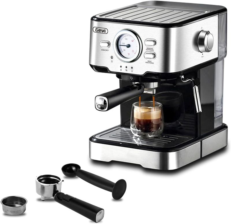 Photo 1 of  Gevi Espresso Machine 15 Bar Pump Pressure, Cappuccino Coffee Maker with Milk Foaming Steam Wand for Latte, Mocha, Cappuccino, 1.5L Water Tank, 1100W, Black silver 4 