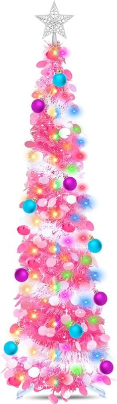 Photo 1 of [ Dual Color Switch & Timer ] 5 Ft Pencil Christmas Tree with 50 Warm White & Multi Color Change Lights 10 Balls Ornaments 3D Star Sequins Tinsel Full Tree Christmas Decorations Home Xmas