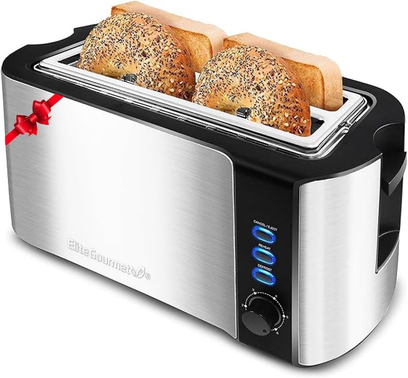 Photo 1 of  Elite Gourmet ECT-3100 Long Slot 4 Slice Toaster, Reheat, 6 Toast Settings, Defrost, Cancel Functions, Built-in Warming Rack, Extra Wide Slots for Bagels & Waffles, Stainless Steel & Black 