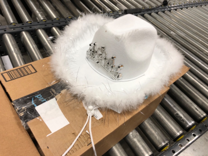 Photo 2 of Cowgirl Hat with Feather Trim - Blinking Tiara Cowboy Hats for Women - Felt Hats for Women for Cowboy Party, Cowgirl Party (White)