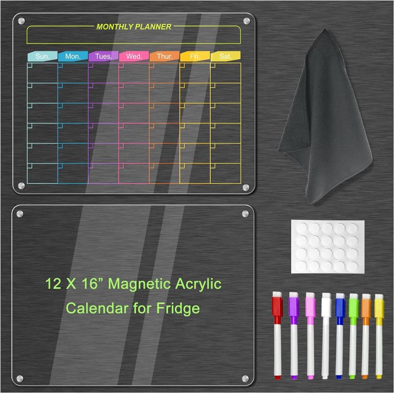 Photo 1 of FICTOR Magnetic Acrylic Calendar for Fridge, Clear Dry Erase Calendar Board for Refrigerator, 12 x 16" Reusable Monthly Planner Memo Whiteboard with 8 Colorful Markers 