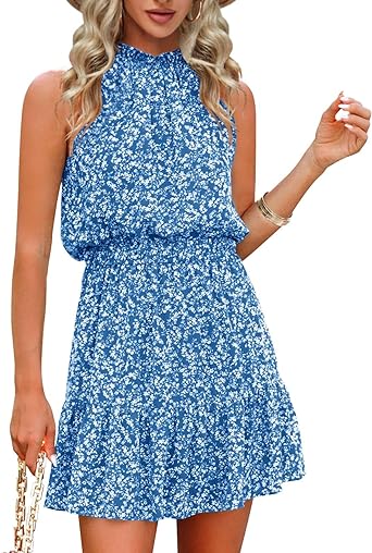 Photo 1 of Gevomir Womens Halter Dresses Summer Boho Floral Sundress 2023 Casual Sleeveless Beach Short Dress Large