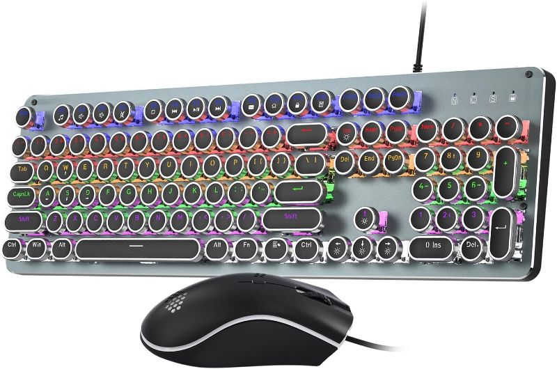 Photo 1 of Taiahiro Mechanical Gaming Keyboard with Mouse, Metal Panel Retro Keyboard with Round Keycap Blue Switch, 104-Key Full Size RGB Backlit Keyboard with 16 Modes Compatible for PC Laptop Mac Gamer