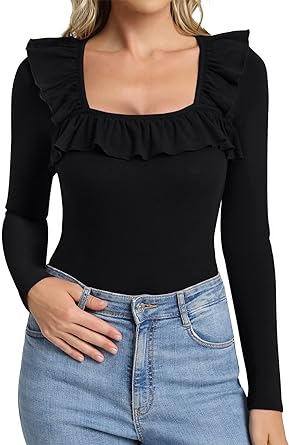 Photo 1 of CNJFJ Womens Ruffles Square Neck Long Sleeve Shirts Ribbed Knit Slim Fitted Basic Top Blouse 