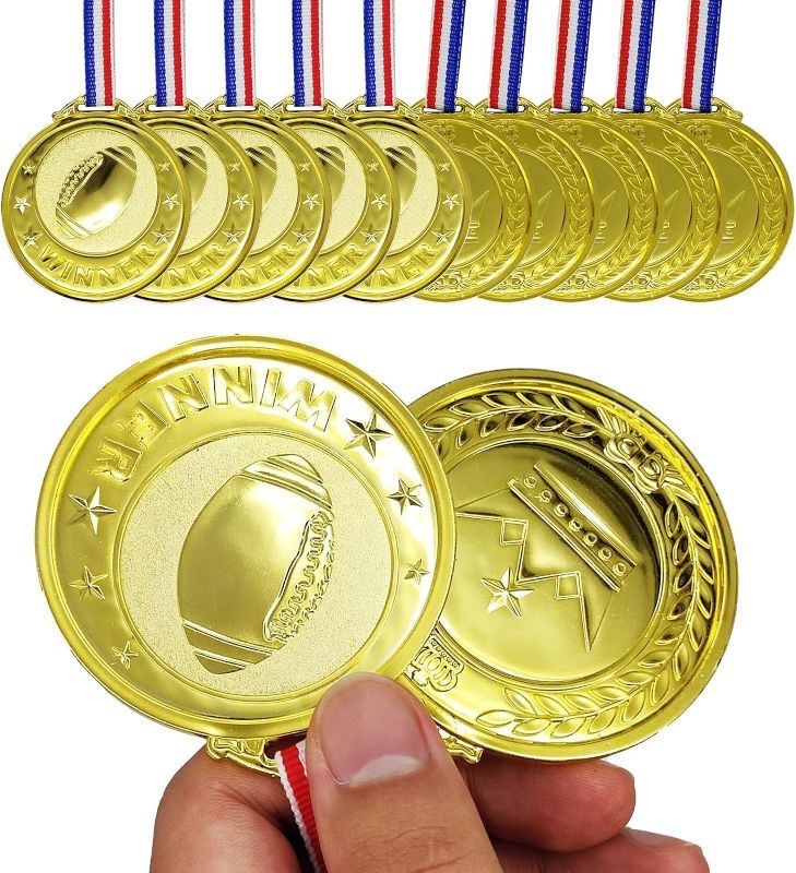 Photo 1 of HOPELJ 12 Pack Football Medals for Kids - 2.6 Inch Plastic Gold Football Winner Award Medals with Neck Ribbon for Kids for Sports Competitions, Party Favors, Birthday Gifts, School Celebration