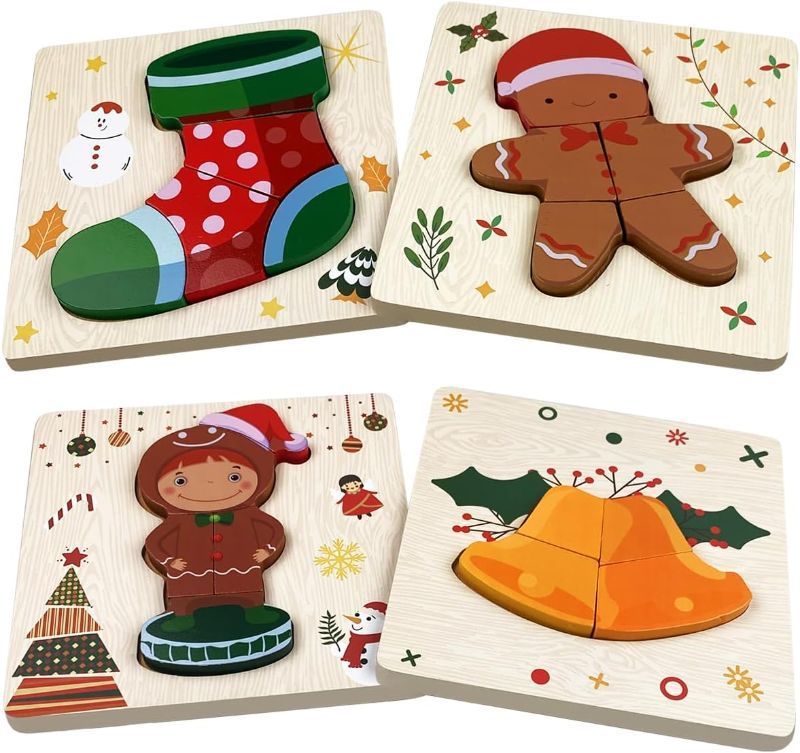 Photo 1 of +Pinkiwine 4 Pack Christmas Wooden Puzzles for Kids Toddlers Boys Girls Christmas Toys Stocking Stuffers Party Favors Gifts 