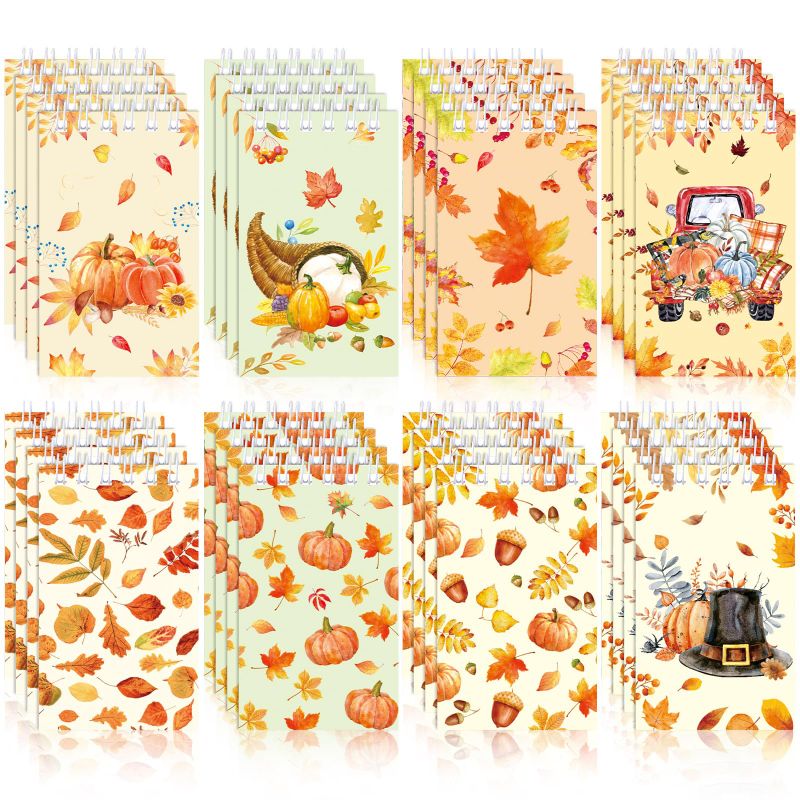 Photo 1 of Pasimy 48 Pcs Thanksgiving Notepads Fall Thanksgiving Party Favor Harvest Small Spiral Notebooks Turkey Pumpkin Leaves Memo Pad for Thanksgiving Autumn Birthday Baby Shower Party Supplies(Watercolor)