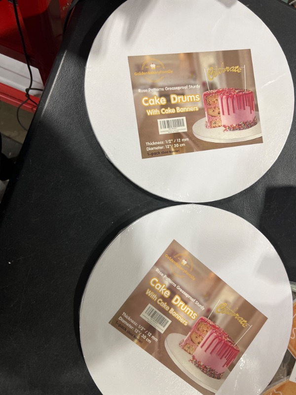Photo 1 of 12 Inch Cake Drums with Banner Cake Topper-Cake Board Round White 1/2 Inch Thick Durable Cake Boards Sturdy, Greaseproof for Birthday Wedding Multi-Tiered Party Cake Boards by GoldenBakeryFamily 12inch?1 Pack? White 2 PACK 