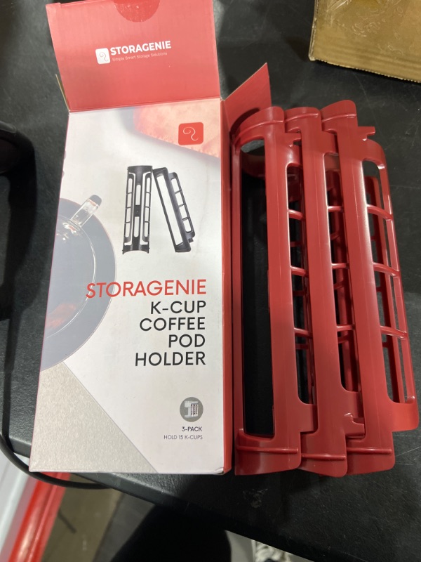 Photo 2 of STORAGENIE Coffee Pod Holder for Keurig K-cup, Side Mount K Cup Storage, Perfect for Small Counters (3 Rows/For 15 K Cups, Red) 3 Pack/ for 15 pods Red