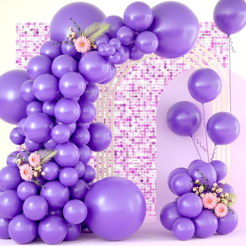 Photo 1 of Freechase 154pcs Purple Party Latex Balloons of Different Sizes 18/12/10/5inch Purple Balloons with Purple Ribbon Balloon Chain for Birthday Gender Reveal Baby Shower Balloon Arch Kit Decorations 