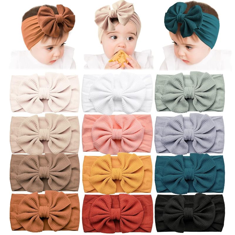 Photo 1 of Baby Headbands With Big Waffle Bows Nylon Hairbands Handmade Hair Accessories for Baby Girls Newborn Infant Toddlers Kids, Pack of 12 