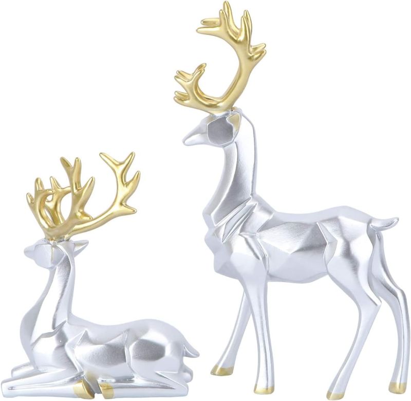 Photo 1 of 2pcs Deer Statue Reindeer Figurines Christmas Reindeer Sculpture Animal Statue for Xmas Home Living Room Table Decoration - Sliver