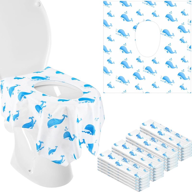 Photo 1 of 50 Pcs Toilet Seat Covers Disposable for Kids Toddler Extra Large Potty Training Liners for Kids Individually Wrapped Portable for Travel Toilet Seat Covers in Public Restrooms (Whale) 