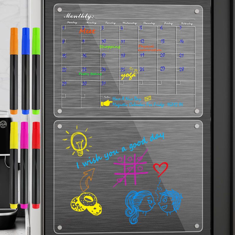 Photo 1 of Magnetic Calendar for Fridge 2 Set, Acrylic Magnetic Dry Erase Board for Fridge Clear 16''x12'', Fridge Calendar for Reusable Planner (Calendar+Weekly Planner),6 Wet Erase Markers with 6 Color, 1 Rag