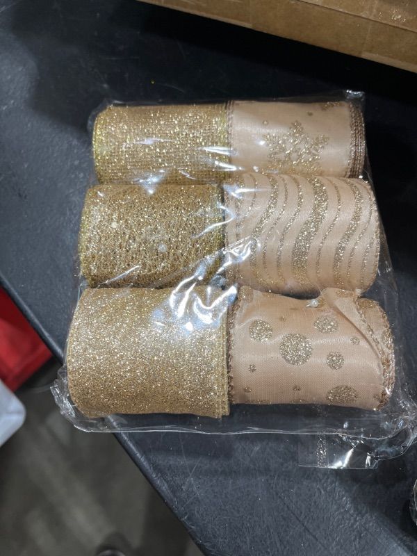 Photo 1 of 6 Rolls Christmas Ribbon Wired 2.5" Champagne Christmas Tree Ribbon, Glitter Wired Ribbon for Crafts Gift Wrapping Wreaths Garland Home Decor, 36 Yards Total
