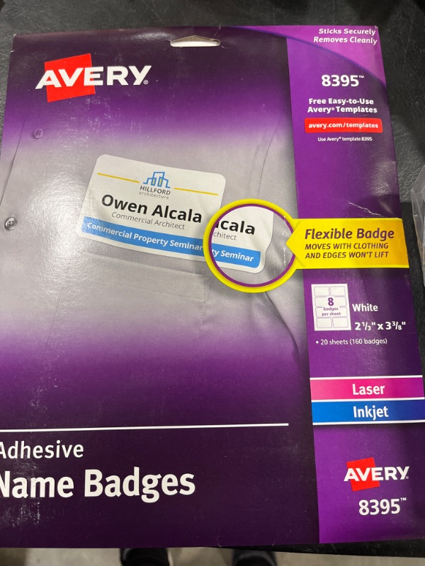 Photo 2 of Avery Adhesive Laser/Inkjet Name Badges, 2 1/3" x 3 3/8", White, 160 Labels Per Pack (8395)