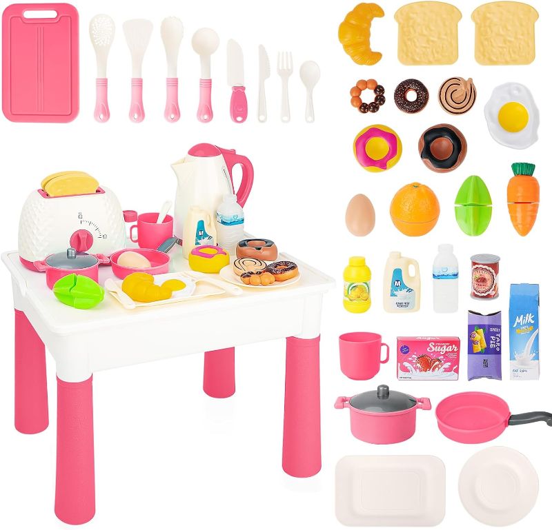 Photo 1 of deAO Kids Kitchen Toy Accessories,Play Food Sets for Kids,Kitchen Desk with 33PCS Kitchen Toys,Cutting Food,Water Bottle Toy,Toaster Toy,Pots and Pans