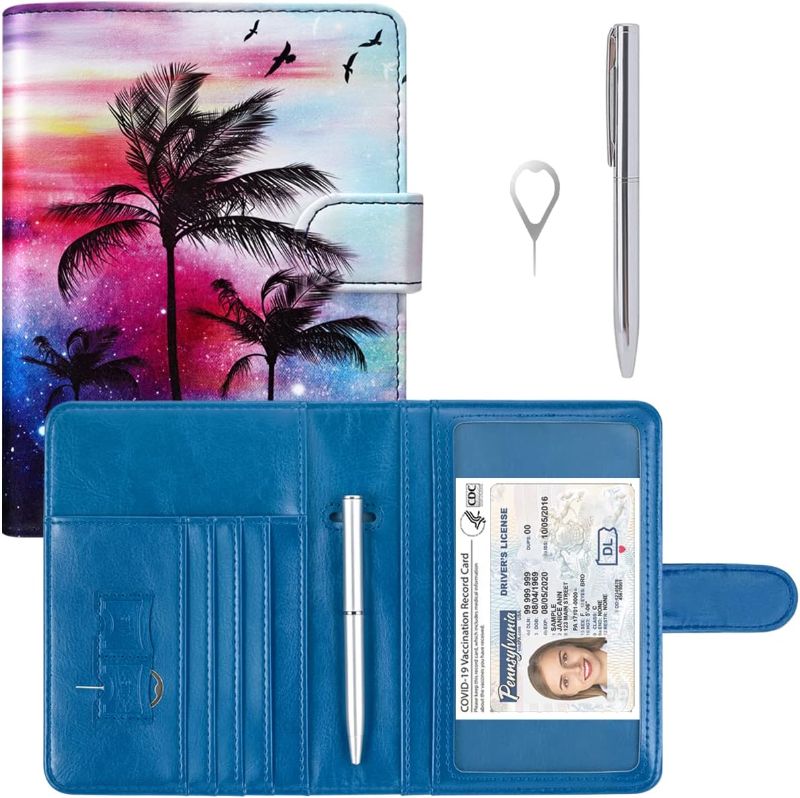 Photo 1 of 2 pack - Passport Holder UPGRADED VERSION Leather Passport and Vaccine Card Holder Combo Slot Wallet Travel Cover Case, with 11 Pockets, Pen and Pin, RFID Blocking and Magnetic Closure, Coconut Trees