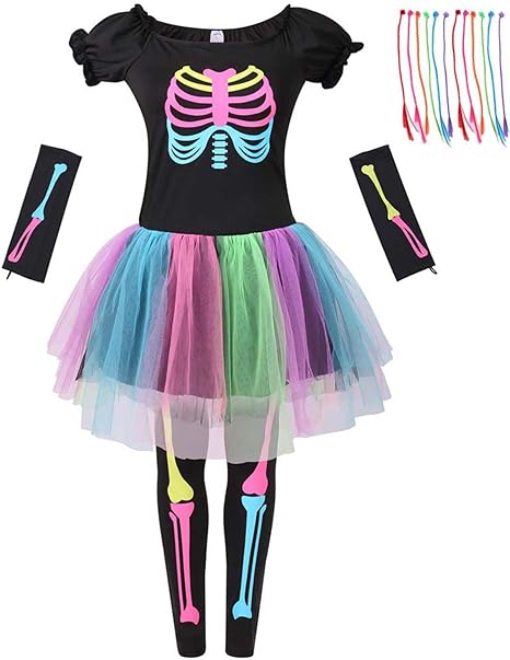 Photo 1 of AGCOAH Little Girls Rainbow Skeleton Costume for Day of The Halloween GIRLS LARGE 