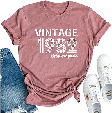 Photo 1 of 40th Birthday Gifts T Shirts Women Vintage 1982 Original Parts Funny Graphic Tees Tops Cute 40th Birthday Party Tshirt 2XL