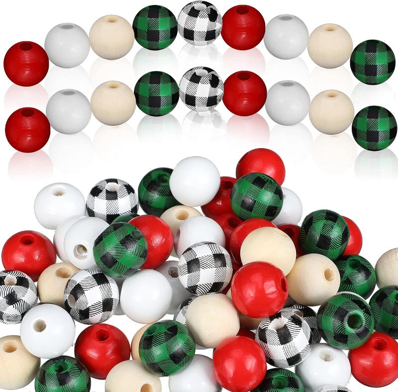 Photo 1 of 2 PACK 250 Pieces Christmas Wooden Beads Buffalo Plaid Craft Beads Natural Farmhouse Round Beads Gingham Polished Beads Rustic Garland Beads with Twine for DIY Crafts Party Decoration