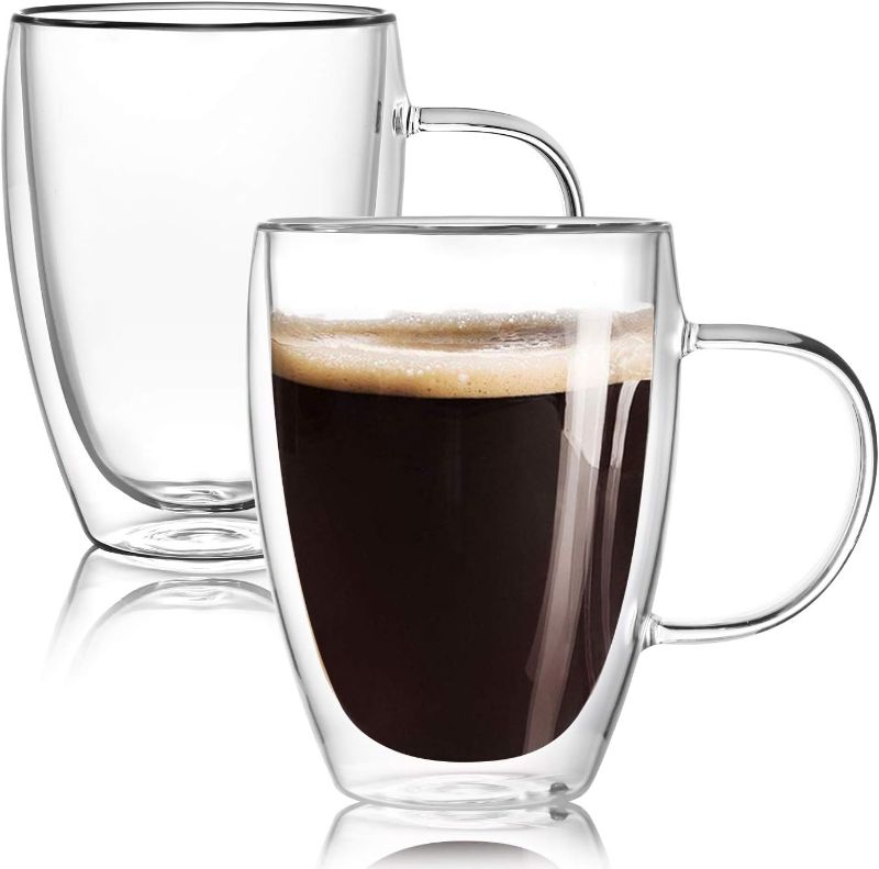 Photo 1 of 12 Oz Double Walled Glass Coffee Mugs with Handle Set of 2,Insulated Layer Coffee Cups,Clear Borosilicate Glass Mugs,Christmas Gift for Cappuccino,Tea,Latte,Espresso,Hot Beverage,Wine