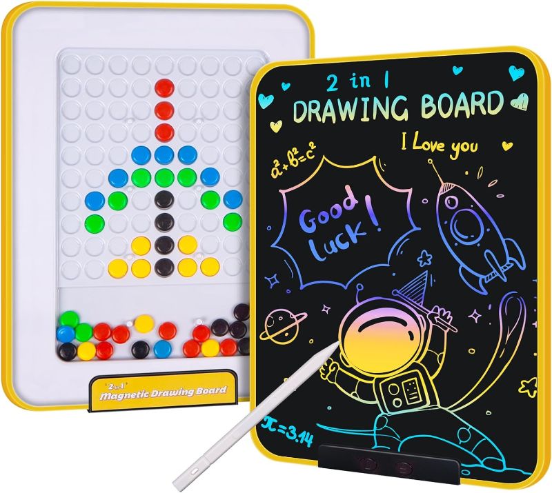 Photo 1 of 2-in-1 LCD Writing Tablet and Magnetic Drawing Board, 13 inch Drawing Pads and Magnetic Dots Board for Kids, Montessori Toys Gift for Toddlers 3 4 5 6 7 8 Years Old Girls Boys (Yellow)