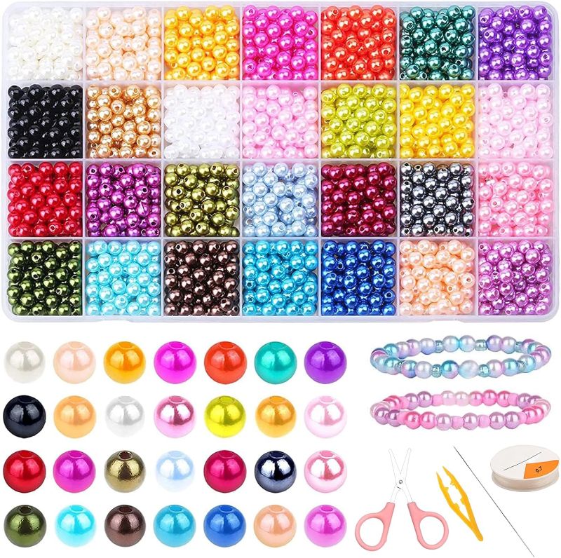 Photo 1 of 2000 PCS Pearl Beads, 28 Colors Round Pearls Beads with Holes, 6mm Small Round Shiny Beads, for DIY Craft Bracelet Necklace Earrings Jewelry Makings