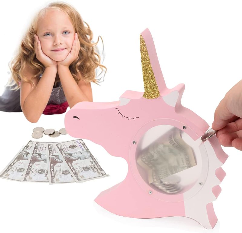 Photo 1 of DIAOKANAI Kids Unicorn Piggy Bank for Girls 4 5 6 7 8 9 10 11 12 13 Years Old Unbreakable Plastic Coin Bank Cute Pink Wooden Money Bank Savings Box, Medium