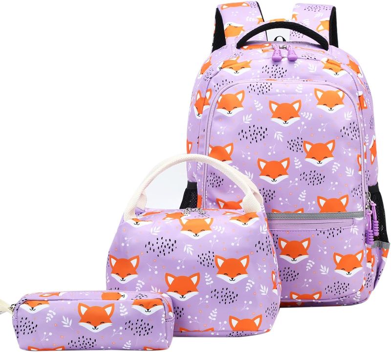 Photo 1 of Aimeen Kids Backpacks for Girls Fox Backpack with Lunch Bag Pencil Box 3 in 1 Sets for Age 3+ Children Teen Elementary Lightweight School Bags (Purple)