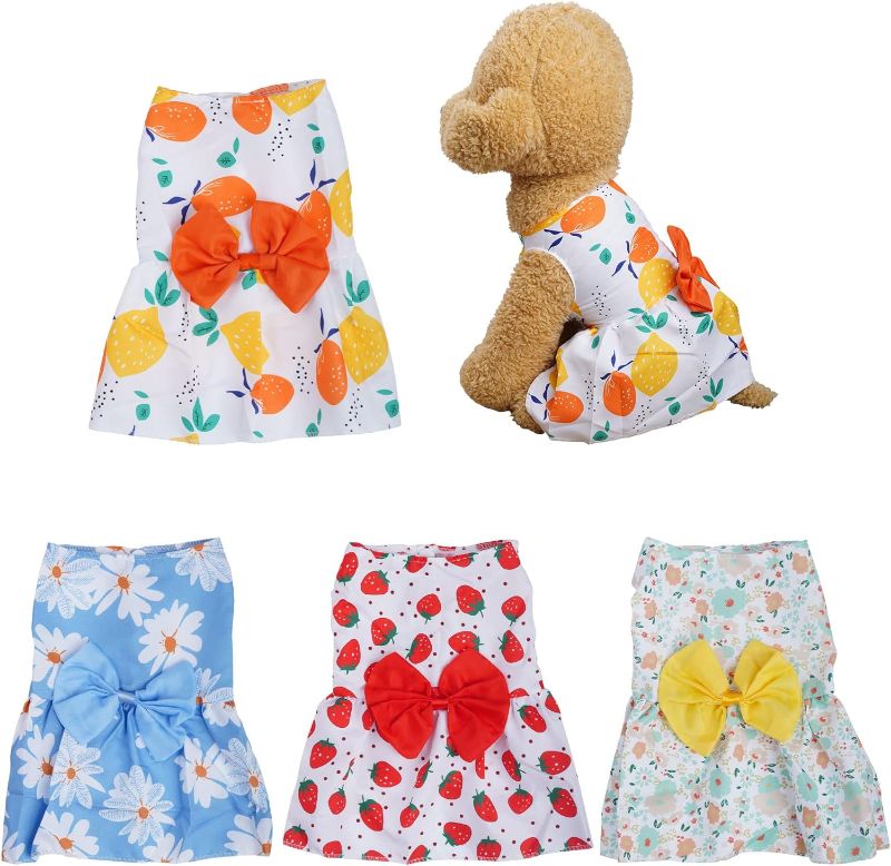 Photo 1 of 4 Pieces Dog Puppies Dresses Pet Bowknot Princess Dresses Summer Clothes Cute Dog Dresses T-Shirt for Small Dog Cat Pets M