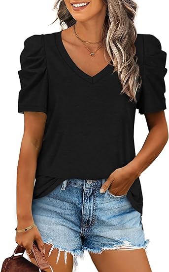 Photo 1 of  Shirt V Neck Casual Tshirts Puff Sleeve Tops for Women Solid Color
