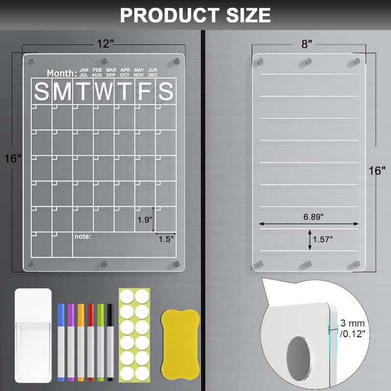 Photo 1 of Yirilan Magnetic Acrylic Calendar for Fridge, Clear Set of 2 Dry Erase Board Calendars for Fridge Reusable Planner, Includes 6 Colors Markers, Pen Container, and Eraser (16"x12"?16"x8"?