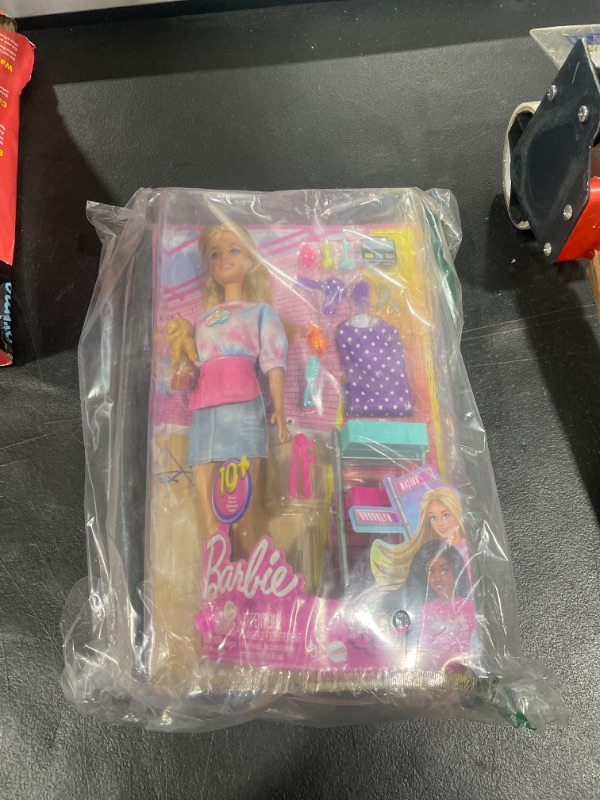 Photo 2 of Barbie On-set Stylist Doll & 14 Accessories, Blonde Malibu Fashion Doll with Cart, Smock, Makeup Palette, Puppy & More