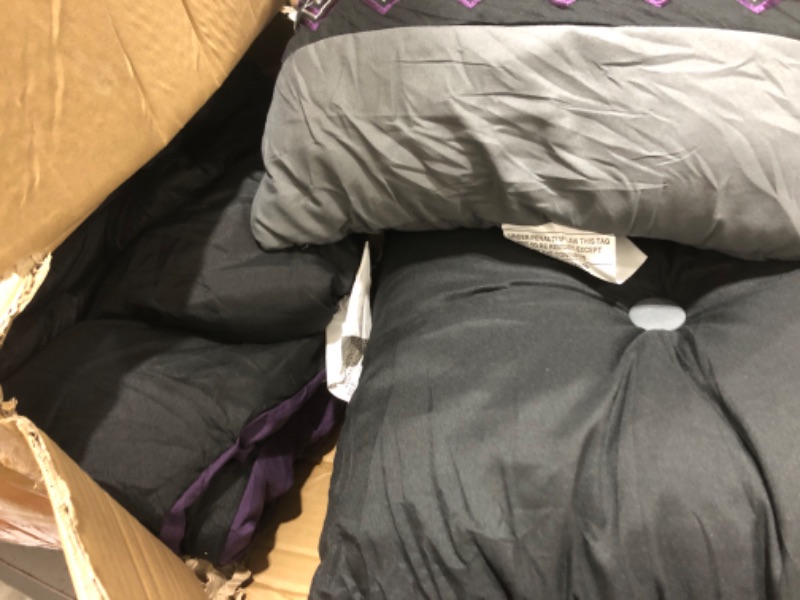 Photo 1 of Grand Linen 7 Pieces (California) Cal King Size Dark Purple/Grey/Black Double-Needle Stitch Pinch Pleat All-Season Bedding-Down Alternative Embroidered Comforter Set California King Dark Purple / Grey / Black