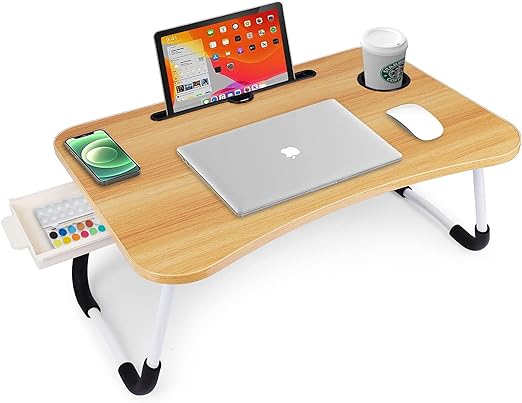 Photo 1 of Lap Desk Foldable Bed Table Portable Multi-Function Lap Bed Tray Table with Storage Drawer and Cup Slot, Notebook Stand Breakfast Bed Tray for Sofa, Bed, Terrace, Balcony, Garden