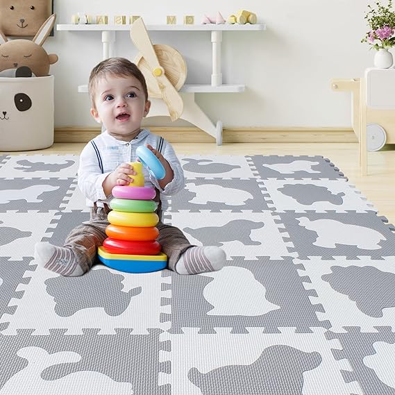 Photo 1 of 18 Tiles Baby Play Mat for Playing, Interlocking Foam Floor Mats for Tummy Time & Crawling, Flooring Tiles with Animals Puzzle for Kids