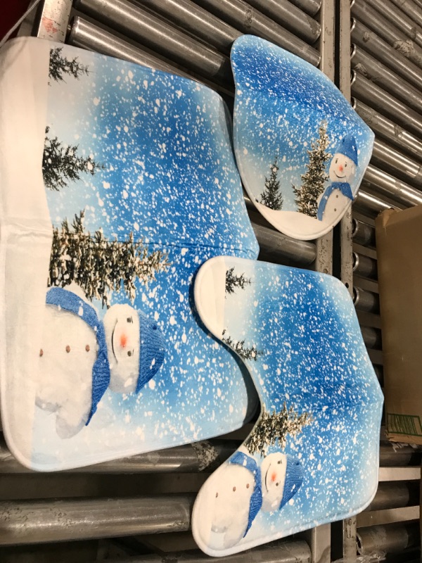 Photo 2 of 3 Piece Bathroom Rug Set Bath Rug, Blue Snowflake Snowman Winter Bath Mats U Shaped Floor Rug & Toilet Lid Cover Christmas Truck Pine Tree Absorbent Shower Rug Set for Bathroom Decor Small NOT EXACT AS STOCK