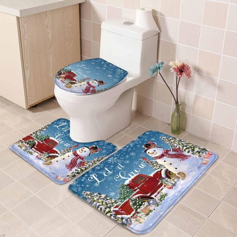 Photo 1 of 3 Piece Bathroom Rug Set Bath Rug, Blue Snowflake Snowman Winter Bath Mats U Shaped Floor Rug & Toilet Lid Cover Christmas Truck Pine Tree Absorbent Shower Rug Set for Bathroom Decor Small NOT EXACT AS STOCK