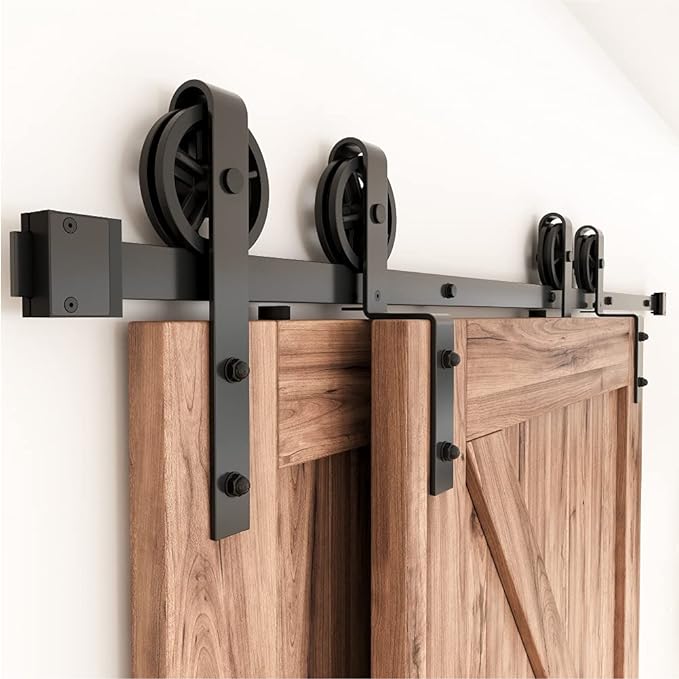 Photo 1 of ZEKOO 8FT Bypass Sliding Barn Door Hardware Kit, Single Track, Double Wooden Doors Use, One-Piece Rail Flat Track Roller, Spoke Wheel Style (8 Feet)